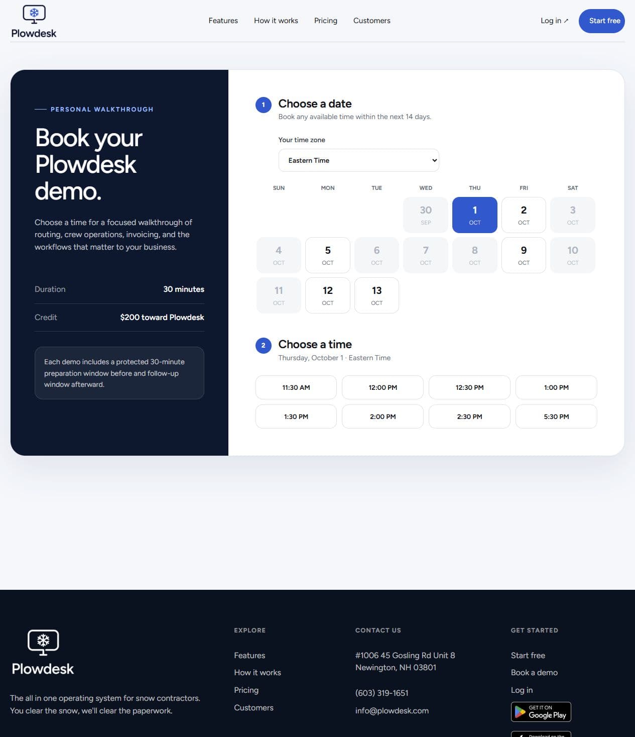 Plowdesk booking calendar preview showing date choices and 30-minute demo times