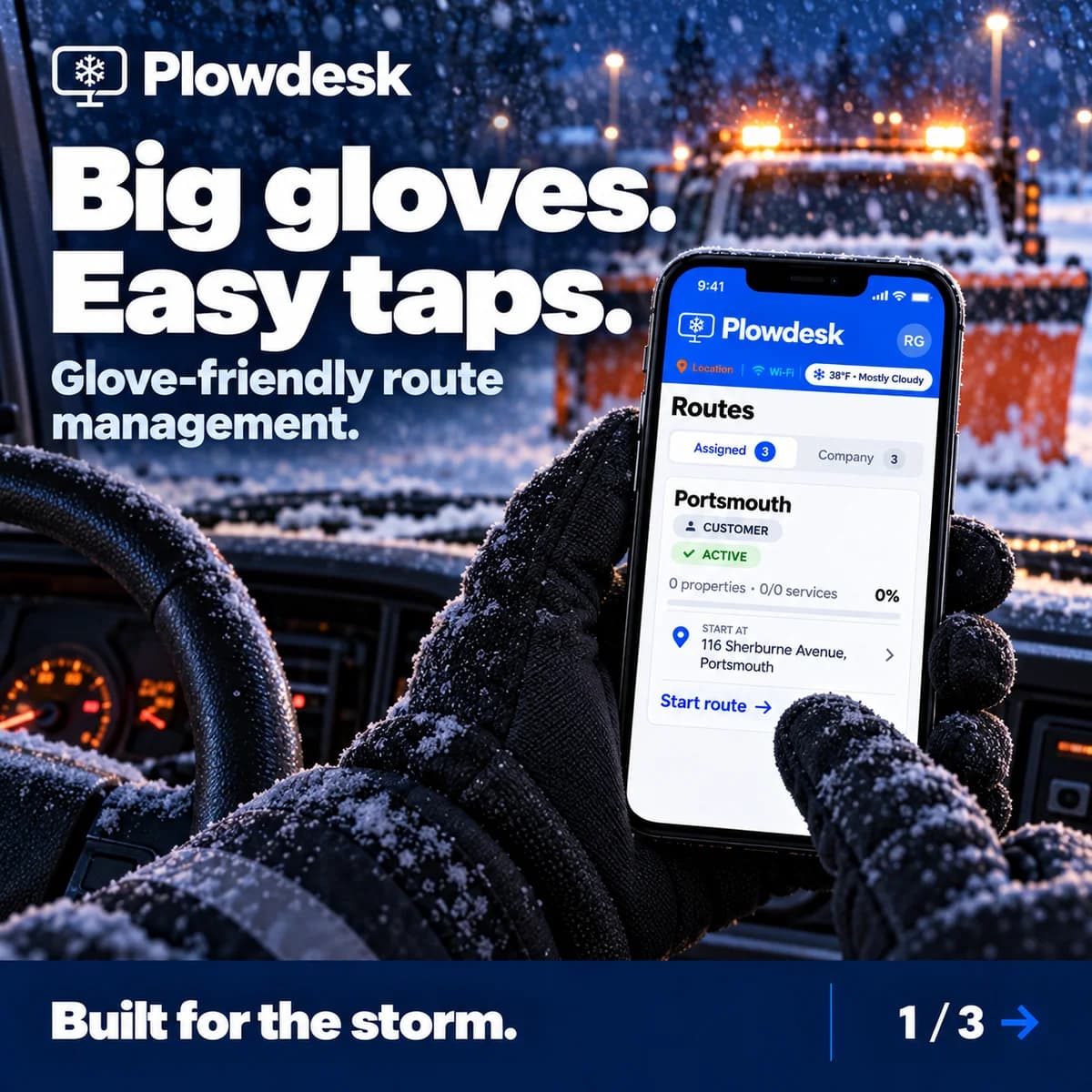 Big gloves. Easy taps. A gloved operator using Plowdesk route management inside a parked plow truck.